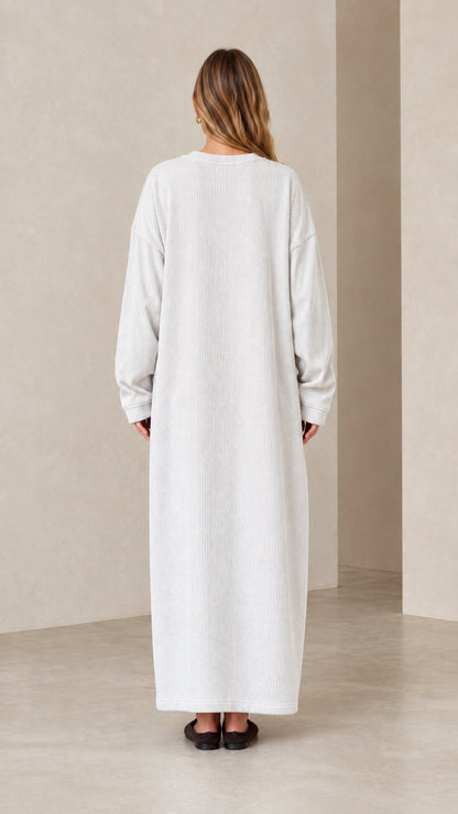 Back view of light grey oversized long sleeve maxi lounge dress