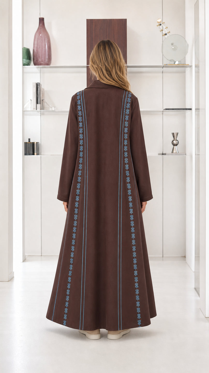 Back view of Chocolate Brown maxi abaya showing vertical linear embroidery details
