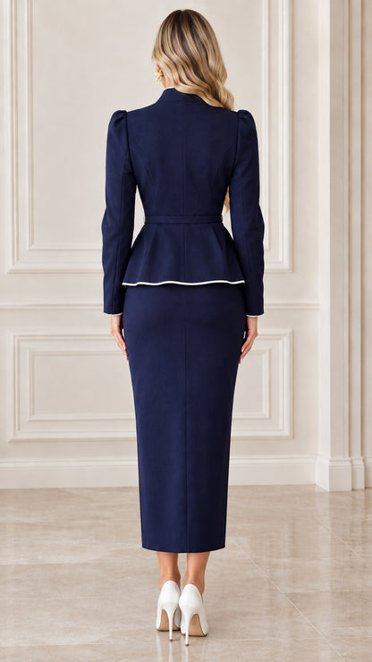 Back view of navy blue peplum blazer and matching column maxi skirt