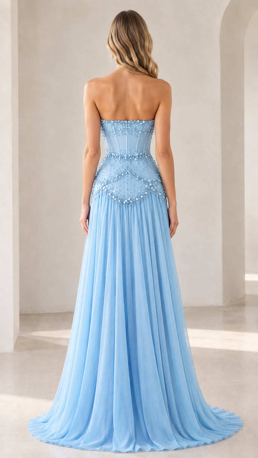 Back view of model in sky blue corset formal maxi dress