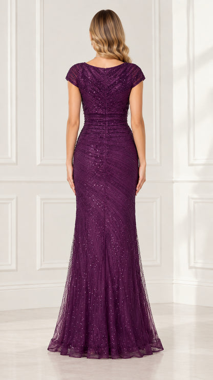 Back view of woman wearing plum ruched sequin formal dress with back zipper