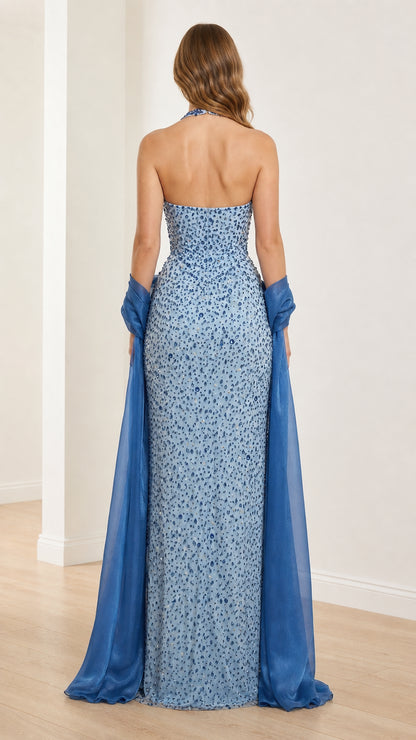 Back view of light blue formal gown with sheer wrap