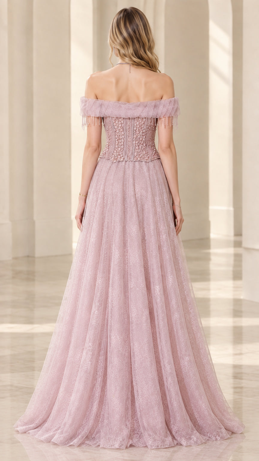 Dusty rose off-shoulder maxi evening dress back view