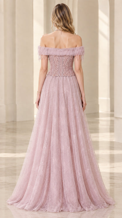 Dusty rose off-shoulder maxi evening dress back view