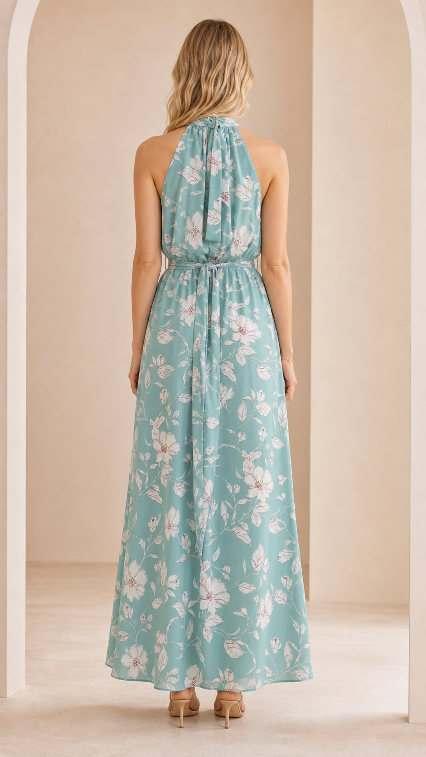 Back view of woman wearing sage green floral halter maxi dress