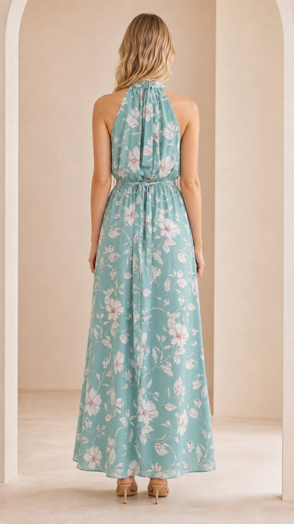 Back view of woman wearing sage green floral halter maxi dress