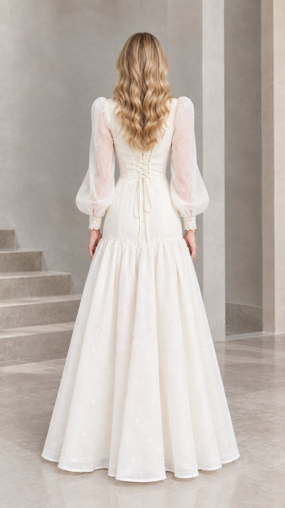 Back view of Ivory lace maxi dress showing adjustable corset lace-up back