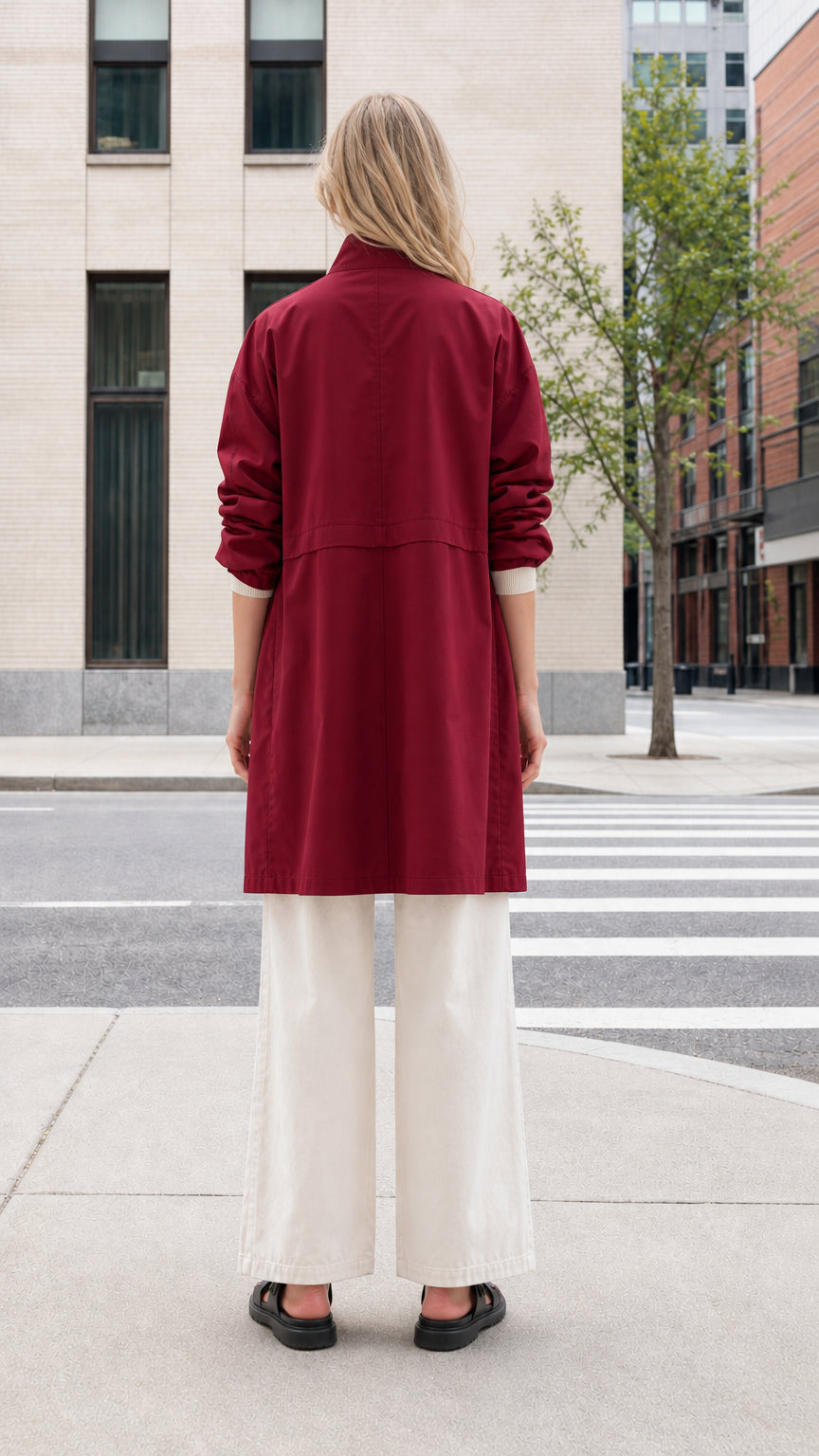 Back view of woman wearing burgundy utility coat showing clean back seam detail