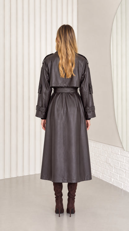 Back view of dark brown faux leather trench coat showing clean drape