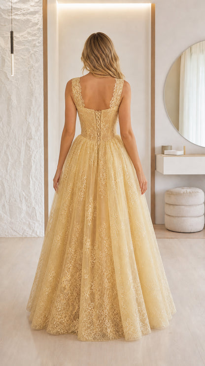 Back view showcasing corset lacing on champagne gown