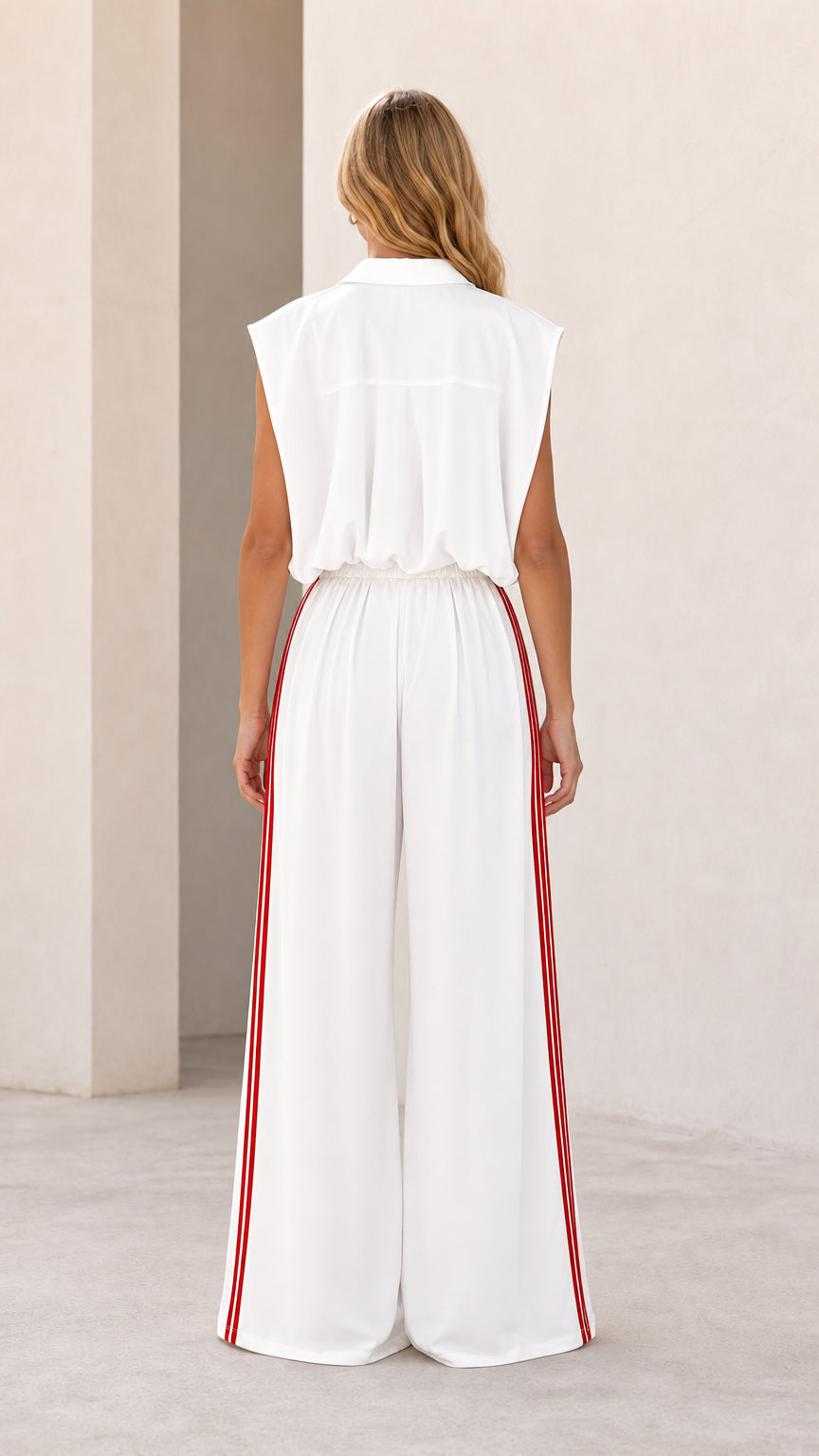 Back view of model wearing white wide-leg track jumpsuit with red side stripes