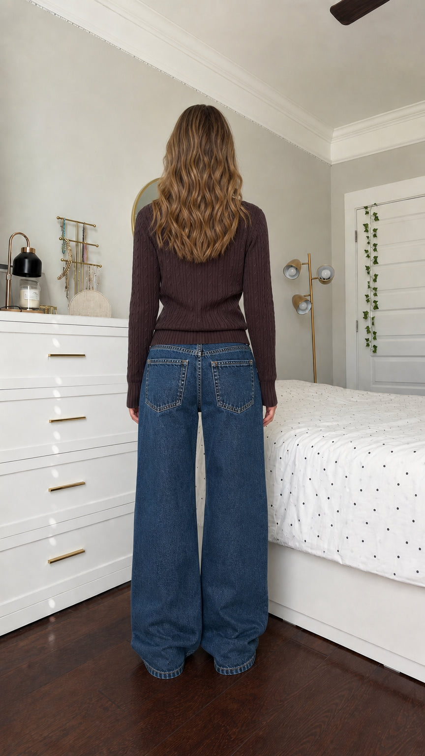 Back view of model in Dark Brown fitted cropped knit sweater
