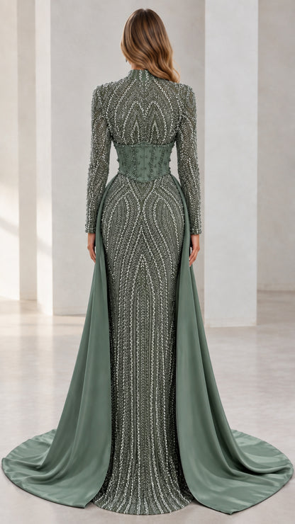 Back view of Sage Green sequin evening gown highlighting the elegant train drape