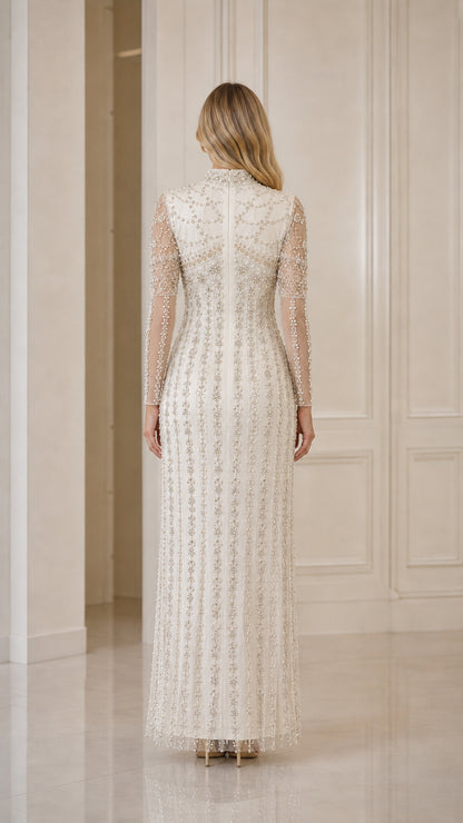 Ivory beaded column formal dress back view