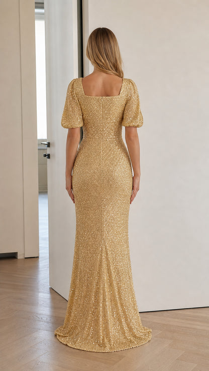 Gold sequin maxi dress with square back neckline and flared hem, back view