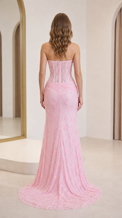 Back view of pink lace evening dress with sweep train