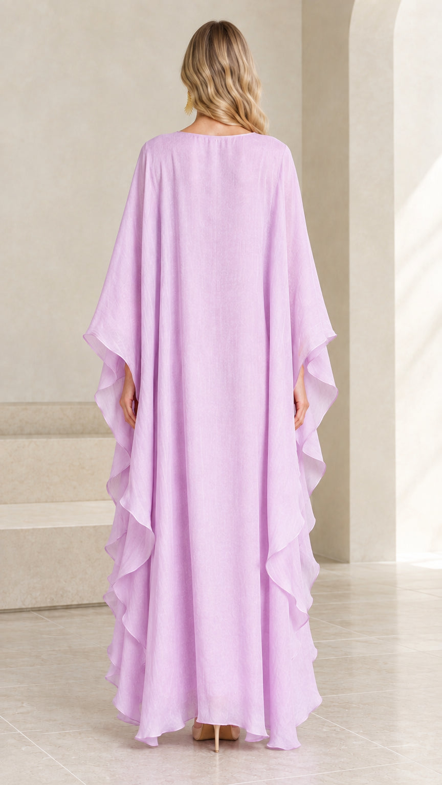 Back view of model wearing lilac floor-length kaftan dress