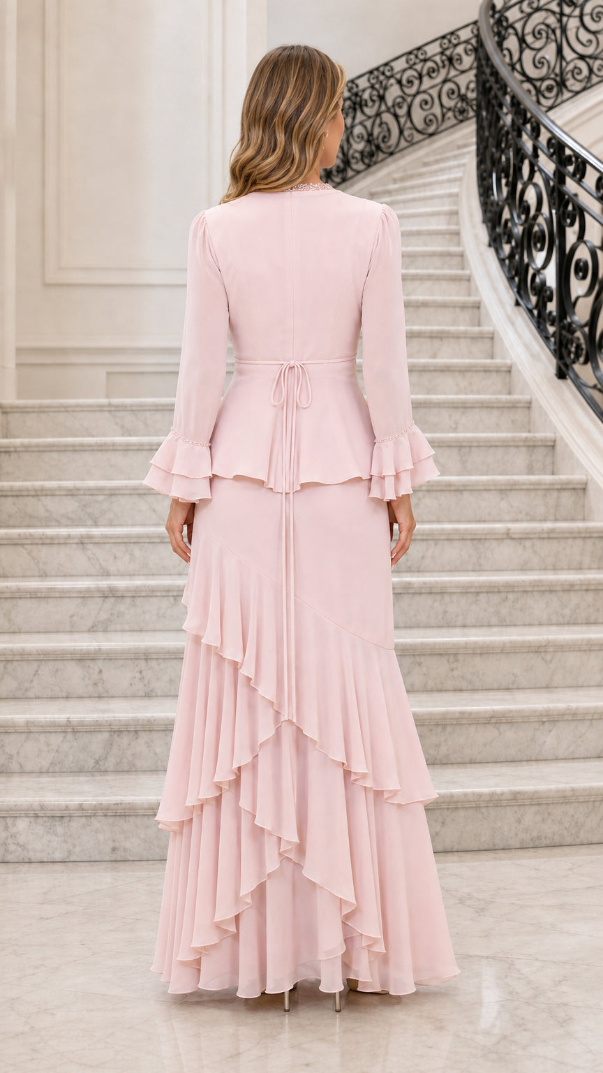 Back view of pink long sleeve peplum top and tiered maxi skirt