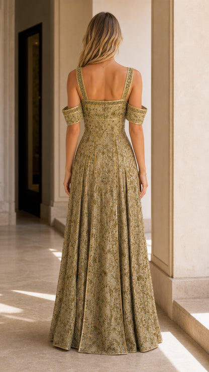 Back view of model in olive gold cold-shoulder embroidered evening gown