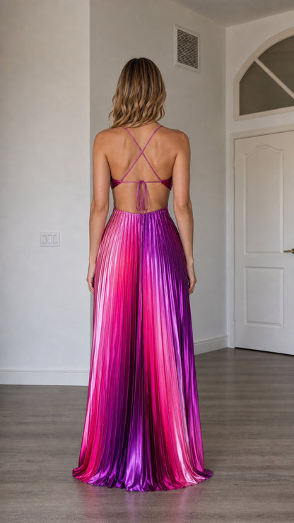 Back view showcasing the criss-cross halter straps on the multi pink maxi dress