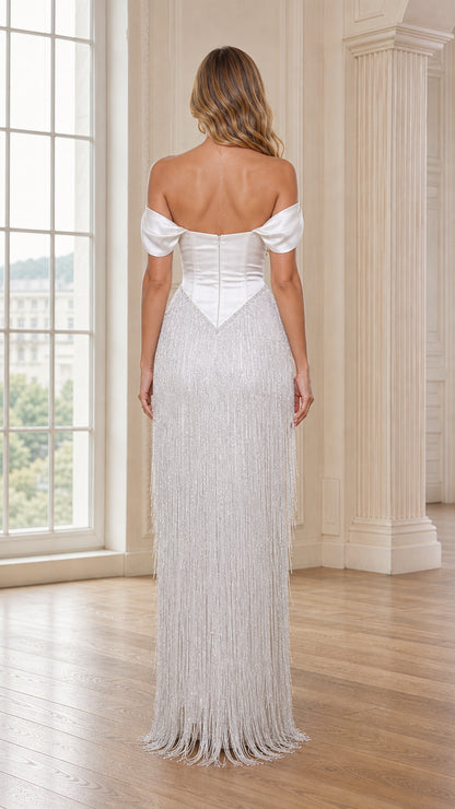 Back view of silver evening gown with structured satin bodice