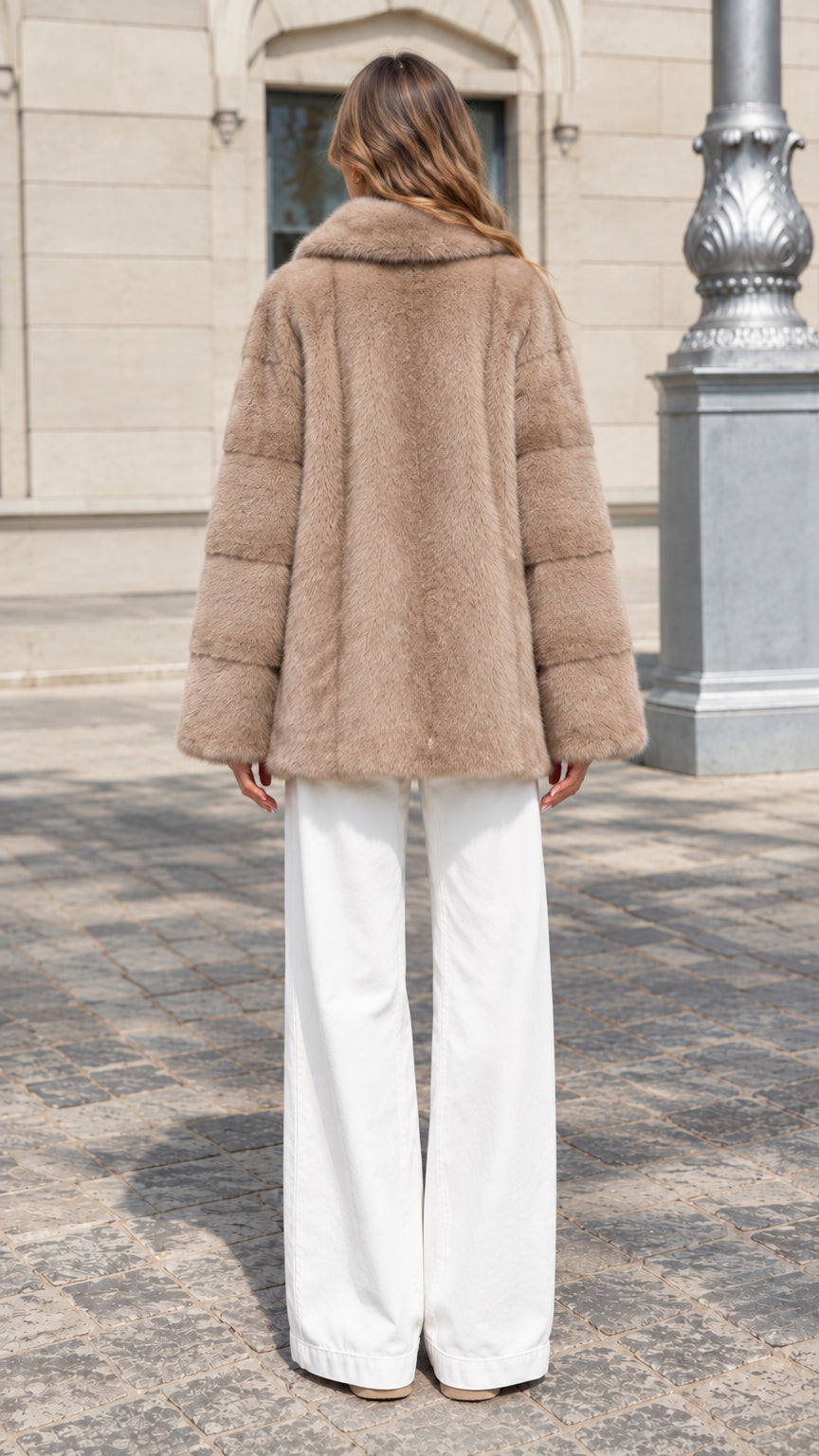 Back view of model wearing taupe textured faux fur winter coat