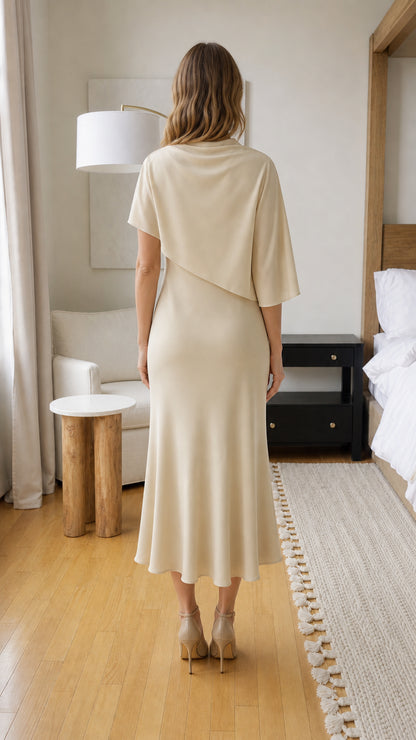Back view of model in champagne midi dress