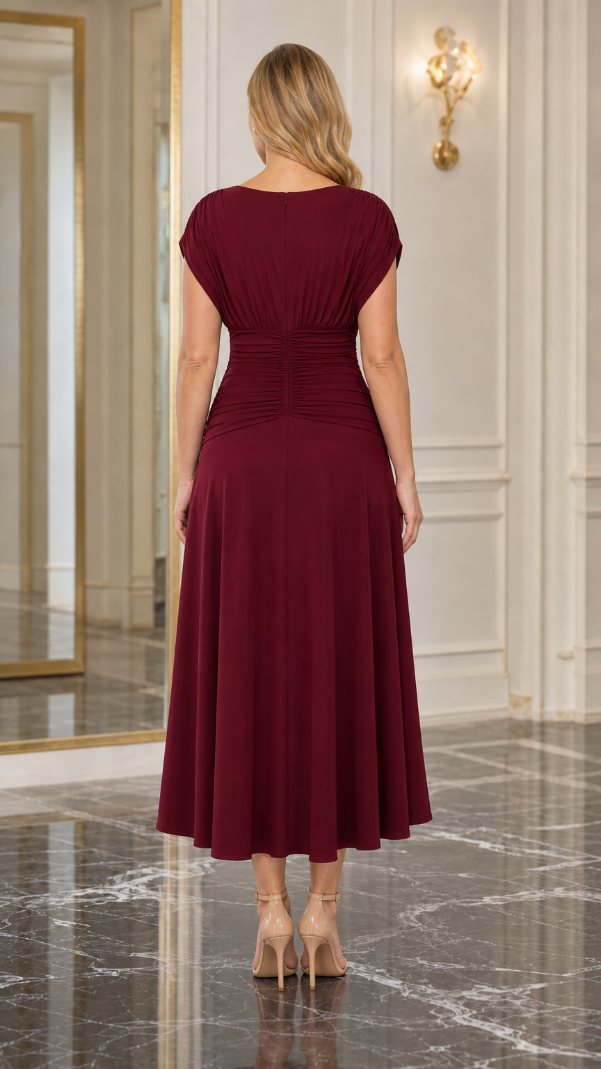 Back view of woman wearing Burgundy Ruched Waist Midi Dress