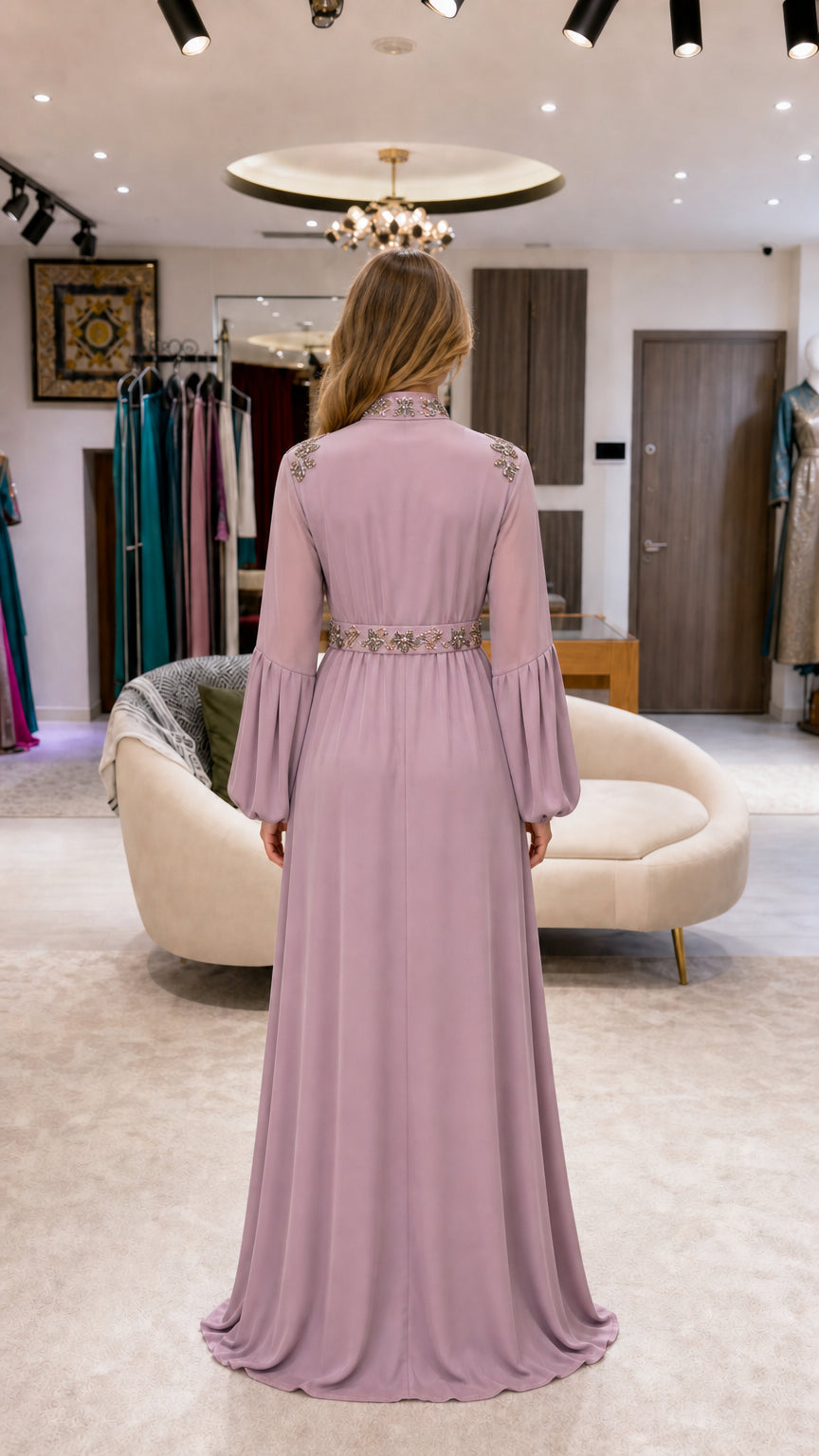 Back view of mauve long sleeve maxi kaftan gown