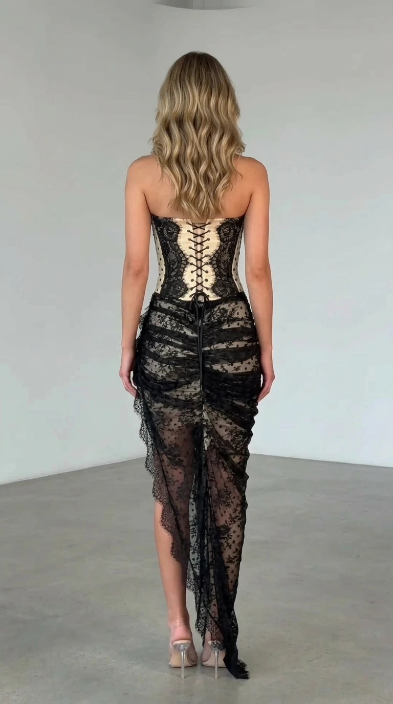 Back view showing lace-up corset detail on maxi dress