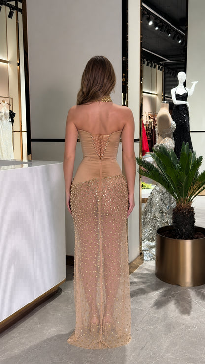 Back view of Champagne Gold evening gown showing lace-up corset back detail