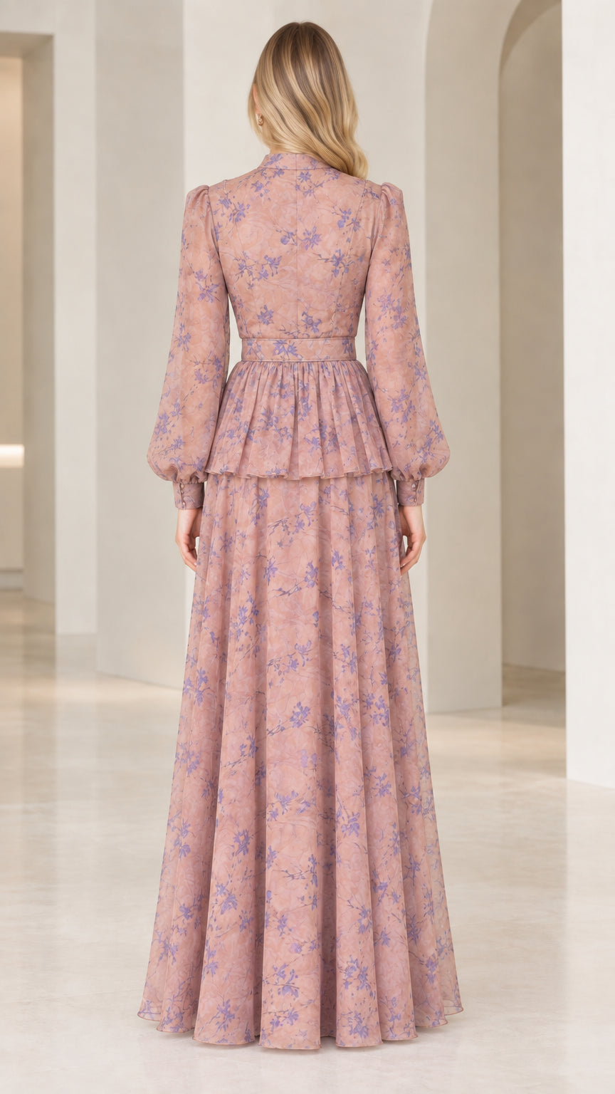 Back view of dusty rose long sleeve floral maxi dress