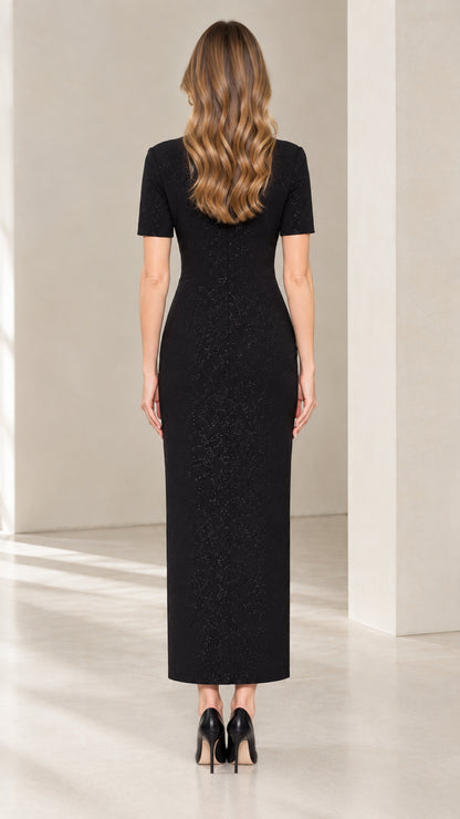 Back view of tailored black shimmer maxi dress