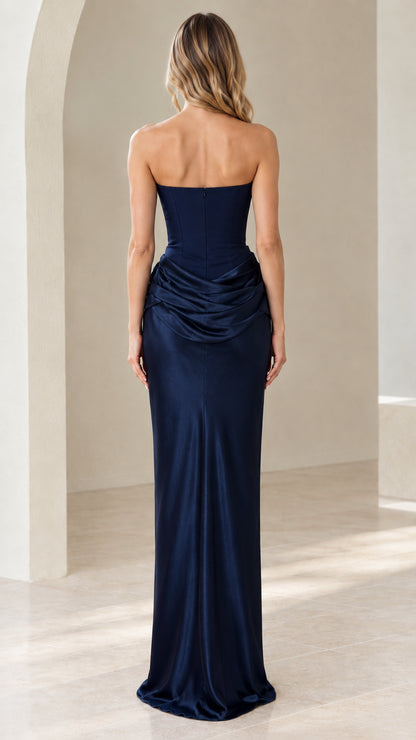 Navy Blue strapless satin maxi evening gown back view