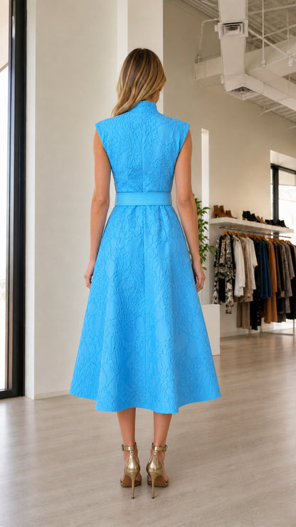 Back view of blue midi dress with belt