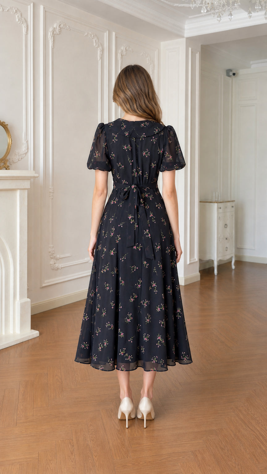 Back view of black floral midi dress featuring adjustable tie-back waist sash