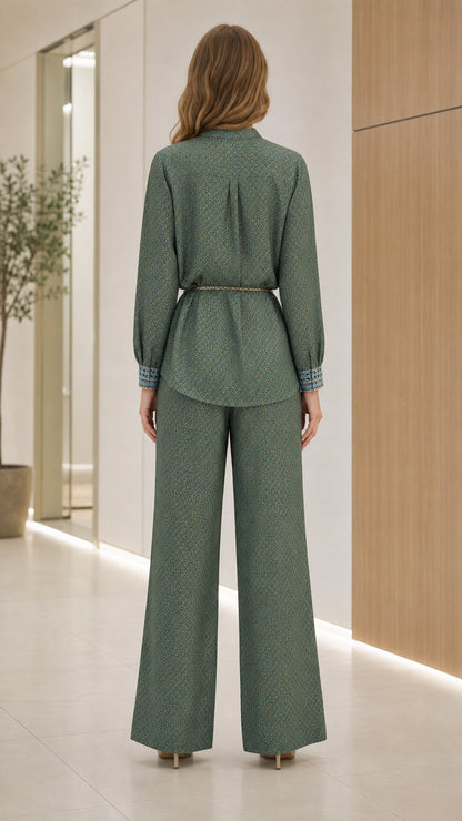 Back view of model in sage green coordinating set