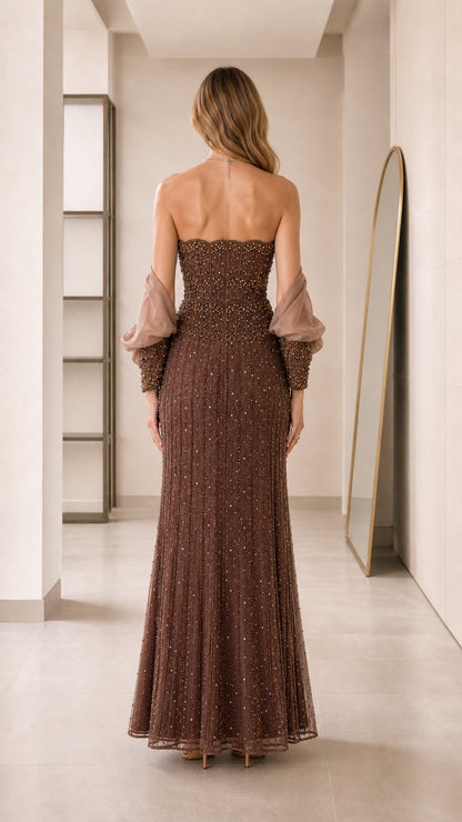 Back view of the brown formal gown