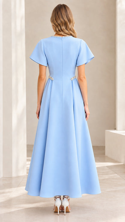 Back view of Sky Blue A-line maxi dress showing zip closure and clean silhouette