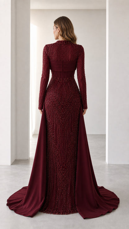Back view of the burgundy evening dress with detailed back coverage
