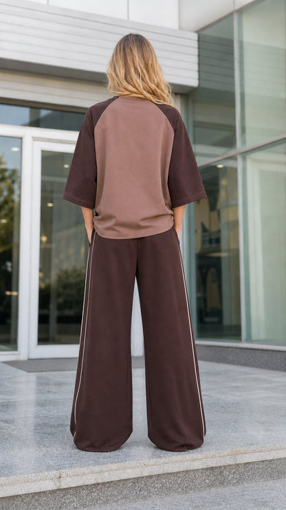 Back view of women's oversized tee and wide-leg lounge pants in mocha brown
