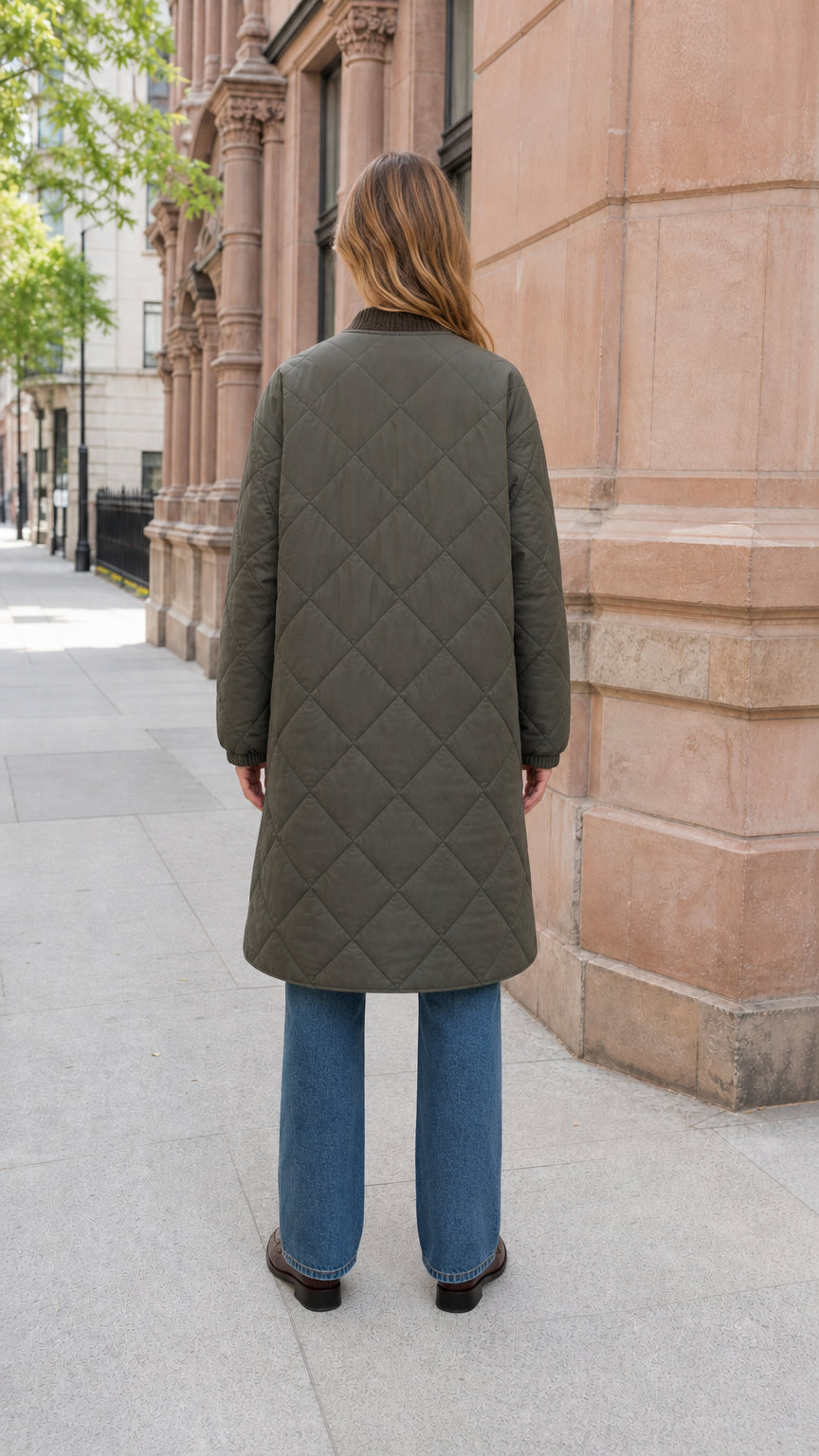 Back view of model wearing olive green quilted long bomber jacket