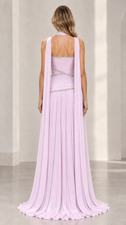 Back view of lavender chiffon maxi dress featuring trailing neck scarf cape