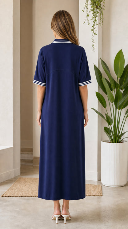 Back view of women's navy blue short sleeve polo maxi dress
