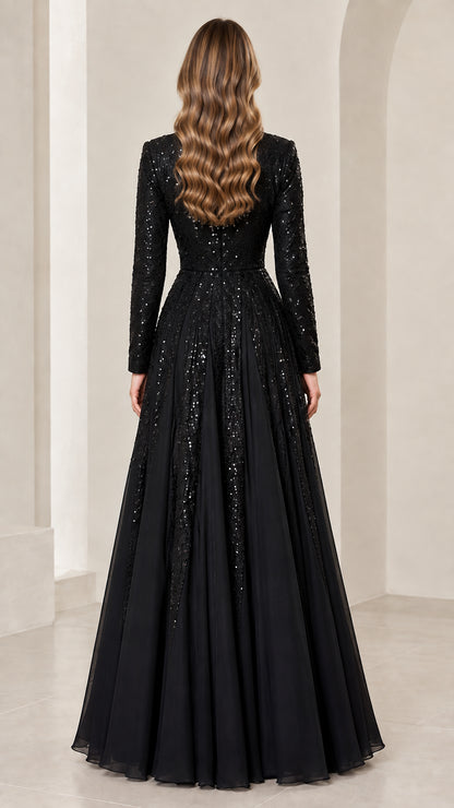 Back view of black sequined formal dress and jacket set