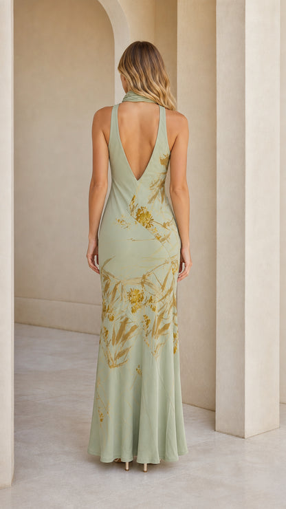 Back view showing low scoop back of Sage Green maxi dress