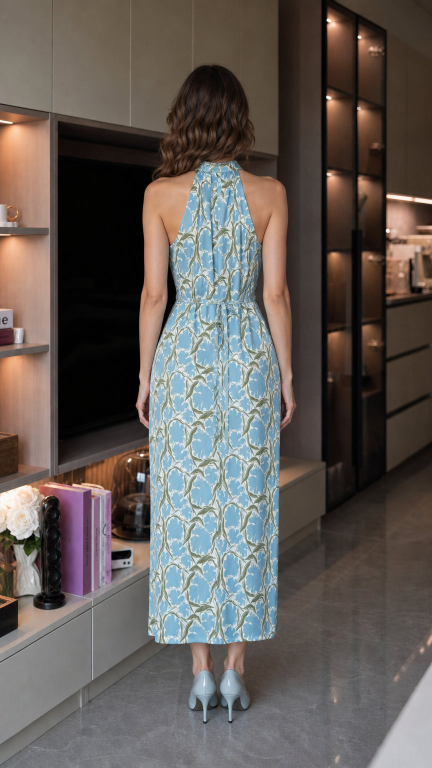 Back view of model showing halter neck details