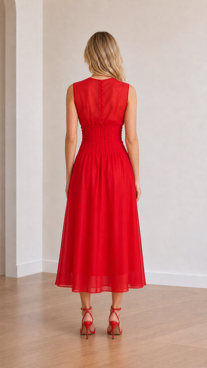 Back view showcasing button details on red midi dress