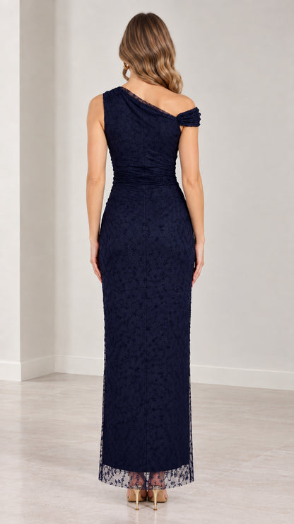 Back view of navy blue one-shoulder floor-length evening dress