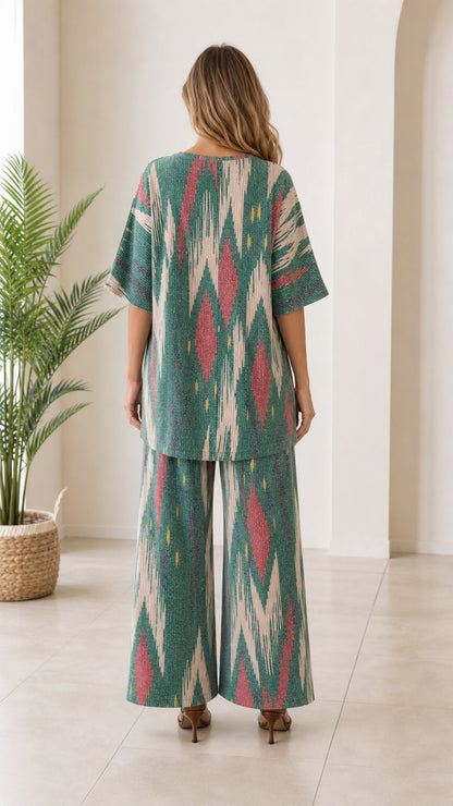 Back view of woman wearing relaxed green ikat print co-ord set